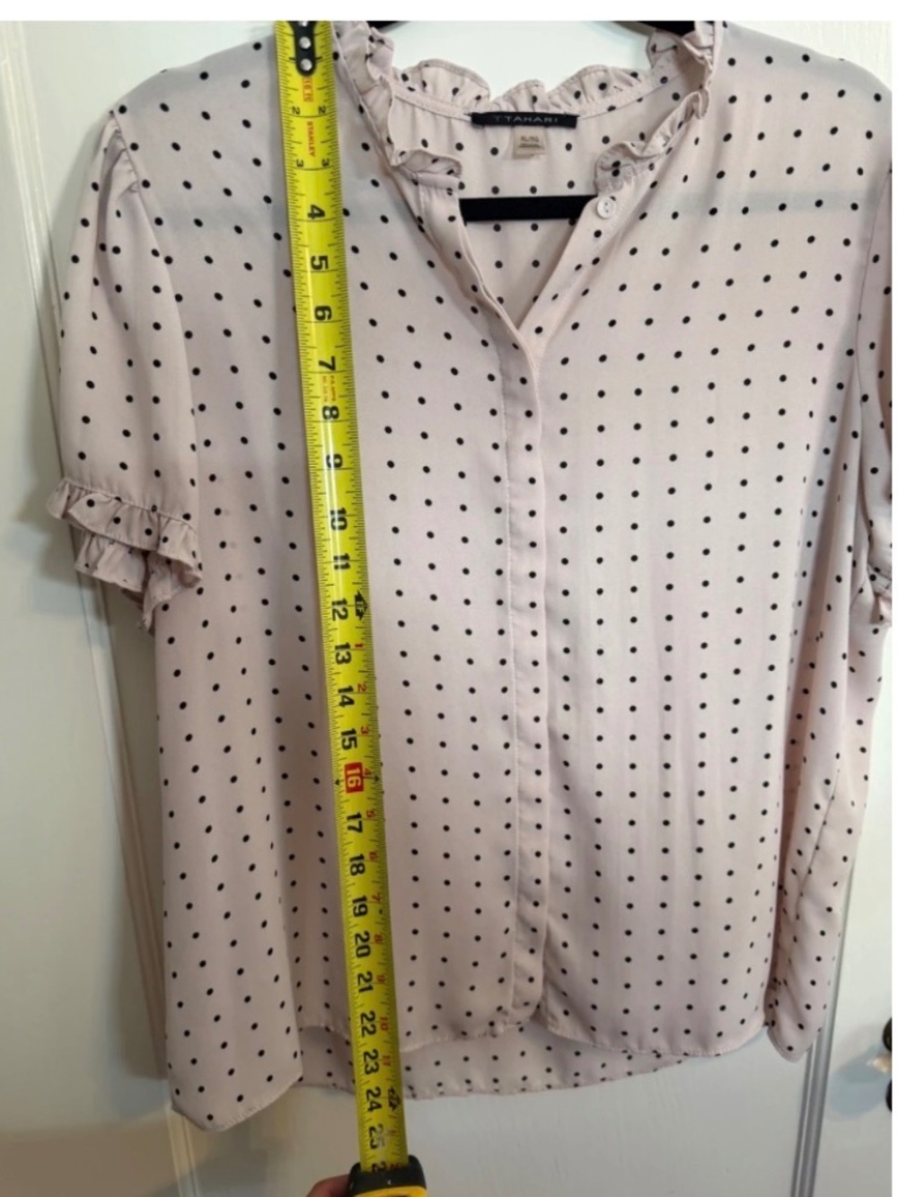 Tahari blouse, pink with black polkadots, size XL